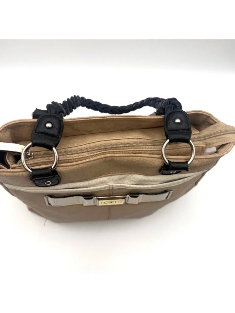 Rosetti Beige Black Braided Handle Satchel Shoulder Bag Faux Leather Purse
